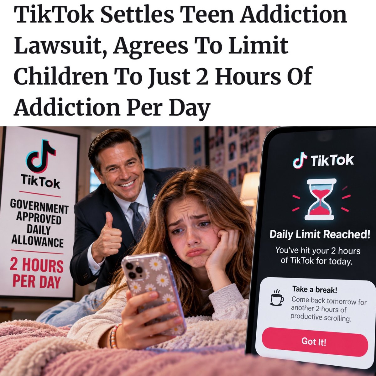 bee_wannabe_'s tweet photo. MONTGOMERY, AL — TikTok has agreed to settle a lawsuit accusing the platform of addicting children, promising Alabama officials that teenagers will henceforth be limited to a safe, healthy two hours of crippling social-media addiction per day.

“We take teen wellness extremely seriously,” said a TikTok spokesperson. “That’s why we’ve worked closely with experts to establish the recommended daily dosage of Chinese short-form video at just 120 minutes.” Under the agreement, teenage users will also receive “productive pauses” after periods of continuous scrolling, allowing them several seconds to remember where they are.

Health officials praised the breakthrough. “Previously, teenagers could spend six consecutive hours watching lip-sync videos, skincare routines, political misinformation, people opening packages, and girls explaining why having a boyfriend gives them the ick,” said one expert. “Now they’ll have to spread that brain damage throughout the day.”

TikTok reportedly tested stricter limits but abandoned them after researchers discovered teenagers exposed to fewer than two hours per day occasionally began reading books and speaking to their parents. Alabama schools are preparing students for the transition by offering emergency courses in eye contact, sustained attention, and watching videos longer than 45 seconds.

TikTok also agreed to pay Alabama at least $100 million, which company officials estimated could be recovered by showing teenagers approximately seven additional Temu ads per day.

At press time, Alabama teens were relieved to learn that after reaching their two-hour TikTok limit, they could safely spend the remaining 22 hours on Instagram, Snapchat, and YouTube.