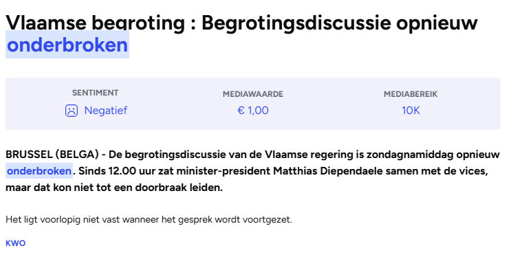 Mauritsvdr's tweet photo. Niemand gelooft toch dat hier nog iets deftig gaat uitkomen? We gaan morgen ongetwijfeld nog een keer lyrische woorden horen van de regering over een "historisch akkoord". In werkelijkheid is er gewoon geen akkoord.

Hier kan je je geld opzetten: verlaging erfbelasting wordt ingetrokken. Dienstencheques worden duurder maar het systeem (1,7 miljard euro en stijgend) blijft gewoon bestaan. Voor de rest heel veel vage voornemens over "efficiënte overheid", "aftoppen groeipaden", "uitstellen nieuw beleid" en natuurlijk "schrappen subsidies", zonder concrete invulling.

Ik neem aan dat onze media Belgapress heeft: dat zijn dezelfde evergeens die elk half jaar terugkeren. De noodstop van de Vlaamse regering. Zes maanden later blijkt het een lege doos en wordt het nog eens herhaald. 

En eerlijk: er wordt ook nooit kritisch over doorgevraagd. 
Zelfs wanneer zes maanden later blijkt dat het begrotingstekort verdubbeld is en de schuld verder door het dak gaat, is dat voor de openbare omroep en andere media zelfs geen melding waard. Intussen weten ministers dat natuurlijk ook. Nul risico.
