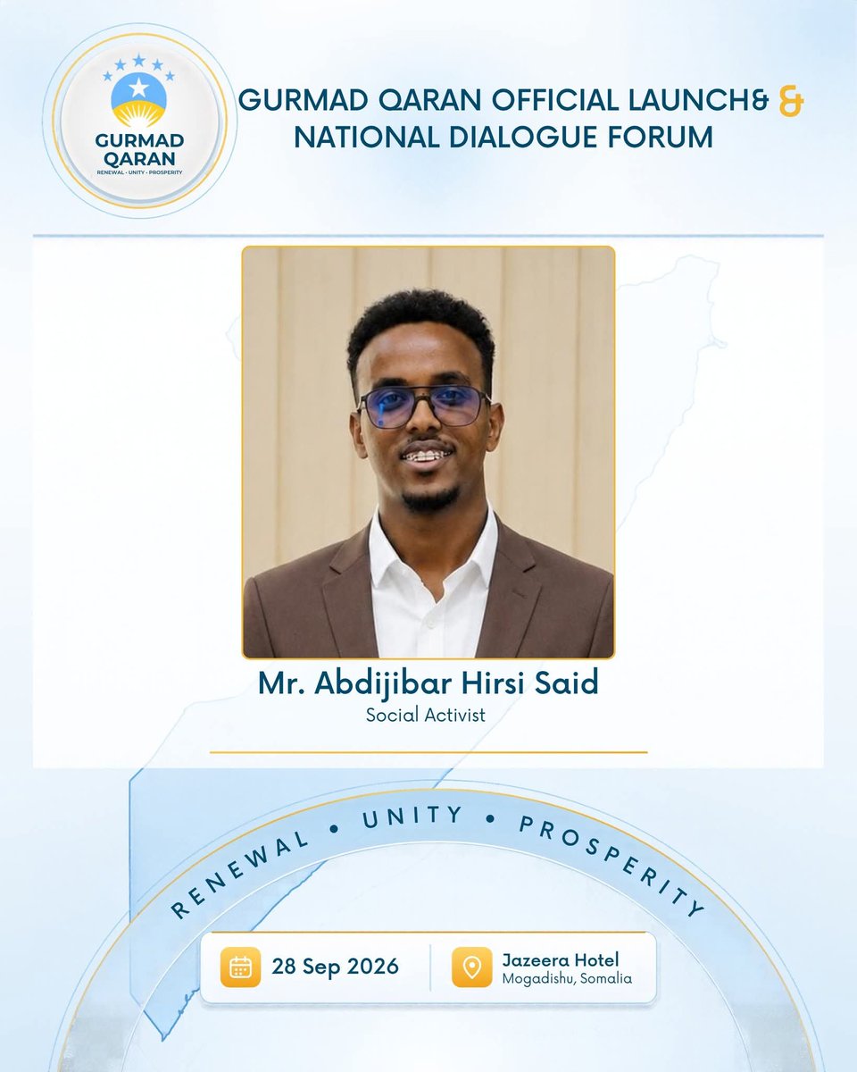 teamgurmad's tweet photo. Mr. Abdijabar Hirsi Said ayaa ka mid ah ka qayb galayaasha Daahfurka Rasmiga ah ee Gurmad Qaran iyo Madasha Wadahadalka Qaranka. Nala soo dhaweeya.
Hoteelka Jazeera, Muqdisho | 28 September, 2026.
#GurmadQaran #Somalia #Muqdisho #Renewal https://t.co/1cYayQ8sN3