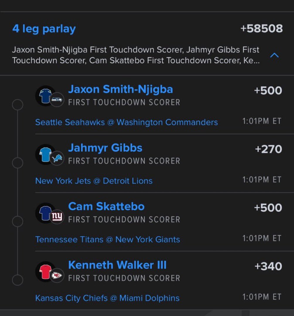 Davisparlay's tweet photo. 4-LEG FIRST TD PARLAY 🚨🏈
Jaxon Smith-Njigba +500
Jahmyr Gibbs +270
Cam Skattebo +500
Kenneth Walker III +340
+58,508 ODDS 🤯💰
FIRST TD SCORER PARLAY 🔥
Who’s riding this one? 👀
#NFL #NFLBets #SportsBetting #FirstTD #Touchdown #Parlay #NFLPicks #Betting #Bettor #Viral #X https://t.co/jorao1iWRB