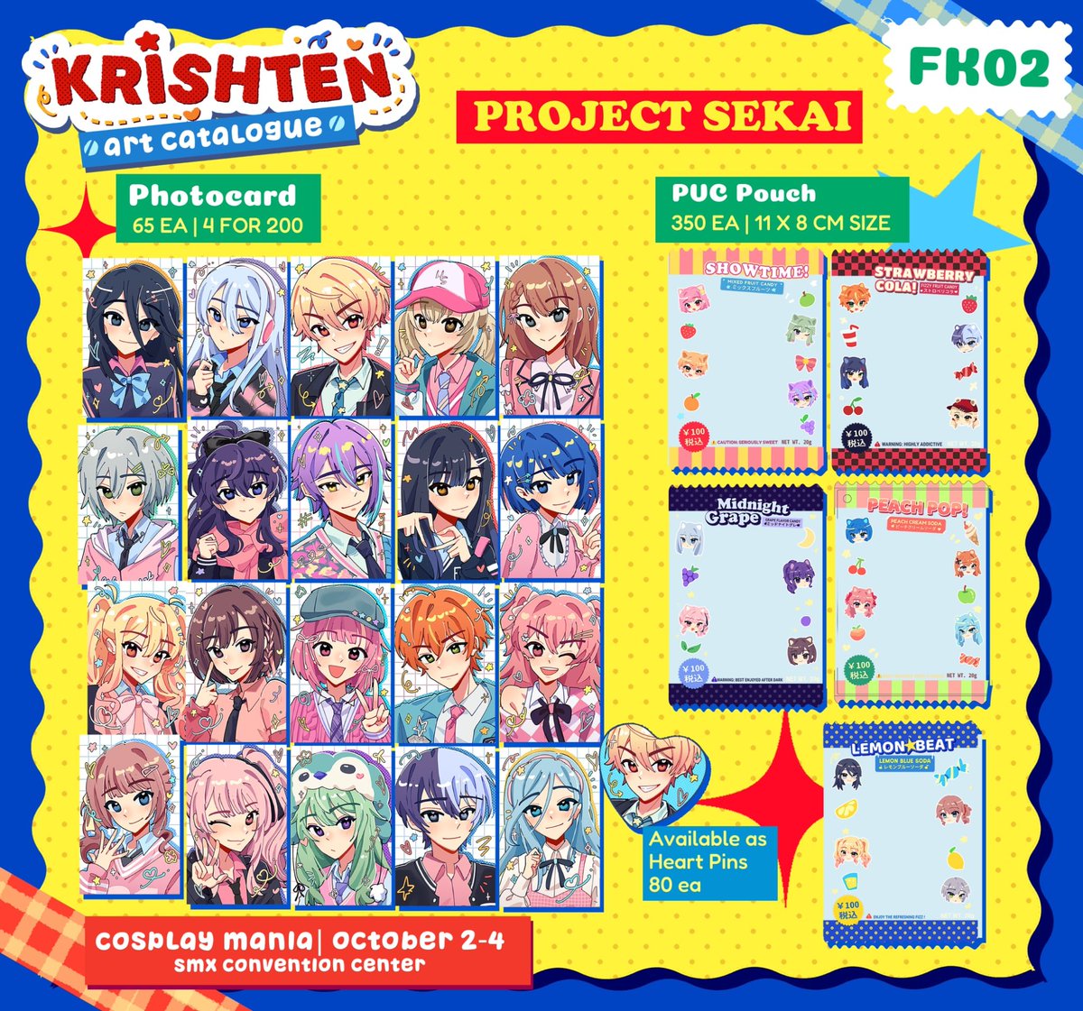 krishtenj_'s tweet photo. [💛RTs]  

Here's our catalog this coming Cosmania! I'll be at FK02 with @biancalattei🫶 

🍰Project Sekai, CPK, Sonic, Umamusume

1/2

#CosplayMania2026 #FanFairAtCosplayMania2026 https://t.co/2fVk7Na6rv