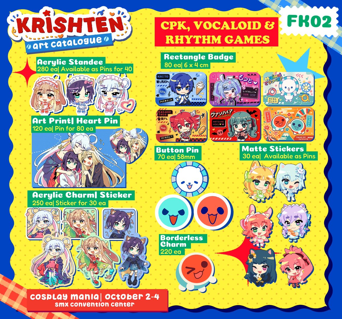 krishtenj_'s tweet photo. [💛RTs]  

Here's our catalog this coming Cosmania! I'll be at FK02 with @biancalattei🫶 

🍰Project Sekai, CPK, Sonic, Umamusume

1/2

#CosplayMania2026 #FanFairAtCosplayMania2026 https://t.co/2fVk7Na6rv