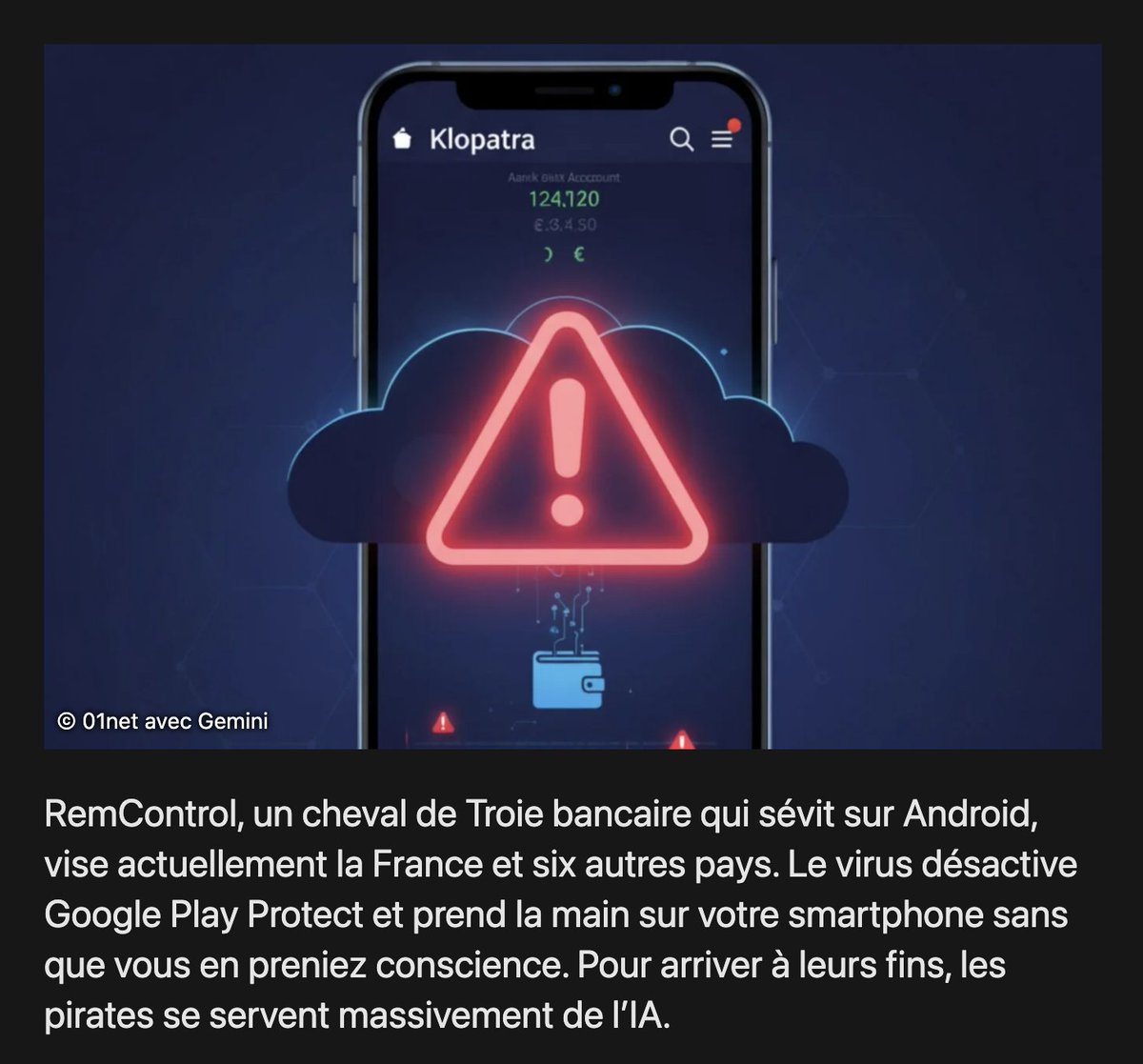 sonoclaudio's tweet photo. ⚠️ #AndroidBankingTrojan #RemControl, nuovo malware bancario si sta diffondendo su #Android.
Il malware sta attualmente prendendo di mira i conti bancari in Italia, Francia, Spagna, Polonia, Portogallo, Canada e in diversi paesi del Golfo.
🔗 https://t.co/Da3WdqrFlV https://t.co/yZd7JKeK7T