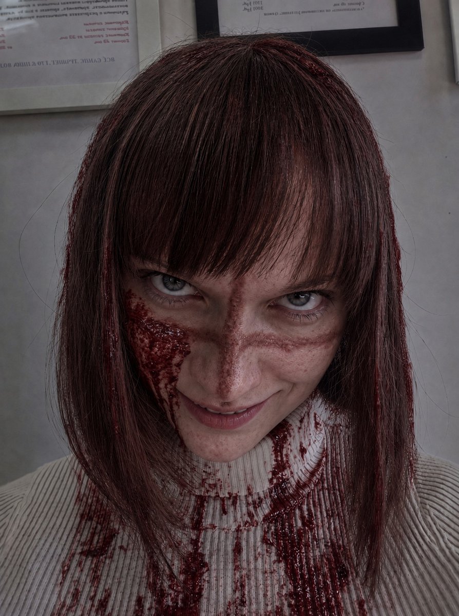 VSUSnwau's tweet photo. Slightly modified the previous image. Goddamn Gemini won’t enhance the quality because of the blood. As one great man put it: “Endure it, dwarves.” So here we are, enduring the low res.

#VSUSart #OC #OriginalCharacter #AIart #Crossed #Horror #Psychopath #FatalFemale https://t.co/48ESU2420J