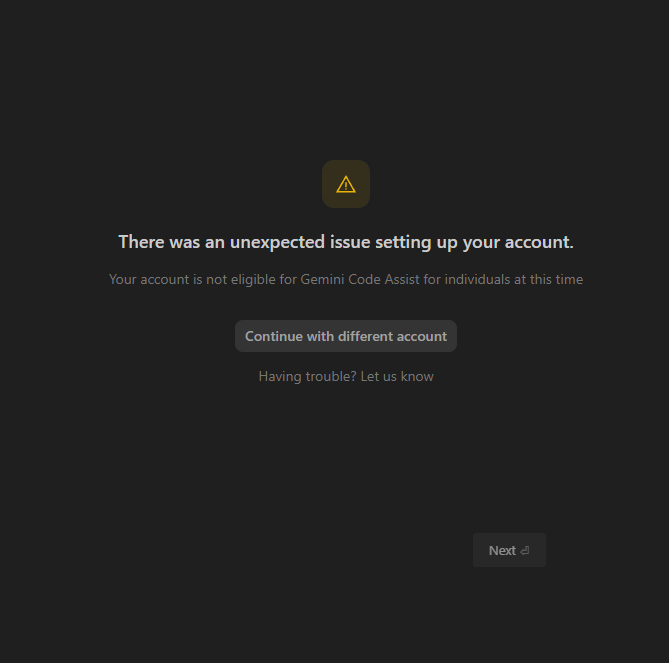 namessgames's tweet photo. @google @GeminiApp  @GoogleAI  #antigravity #gemini Error: Paid AI Pro user cannot access Gemini Code Assist

I am a paying Google AI Pro subscriber, but I cannot access Gemini Code Assist. I keep getting the error: "Your account is not eligible for Gemini https://t.co/O1ILbeMSgw