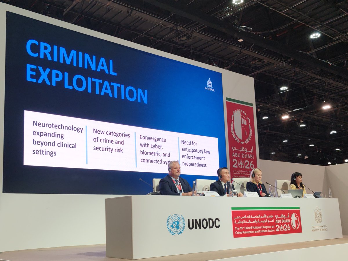 INTERPOL_HQ's tweet photo. INTERPOL is pleased to note the adoption of the Abu Dhabi Declaration at the 15th UN #CrimeCongress. The text recognizes the extensive role of INTERPOL’s tools and capabilities, including the Silver Notice pilot, to support law enforcement cooperation and trace criminal assets.

Our experts will be speaking at a number of high-level Congress events on environmental crime, human trafficking, cybercrime, fraud and illicit money flows.

We’re also hosting ancillary meetings on:
🔵 Cross-sector collaboration in criminal analysis: 28 Sept
🔵 Scam centres: 30 Sept
🔵 Innovation: 1 Oct

We look forward to meaningful discussions and conversations throughout the week 🤝