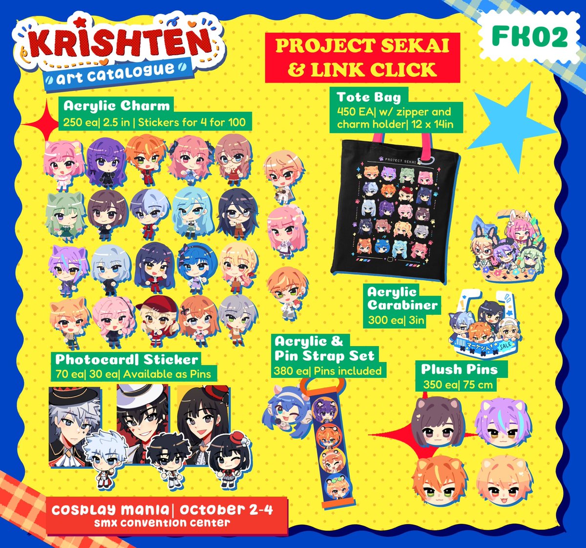krishtenj_'s tweet photo. [💛RTs]  

Here's our catalog this coming Cosmania! I'll be at FK02 with @biancalattei🫶 

🍰Project Sekai, CPK, Sonic, Umamusume

1/2

#CosplayMania2026 #FanFairAtCosplayMania2026 https://t.co/2fVk7Na6rv