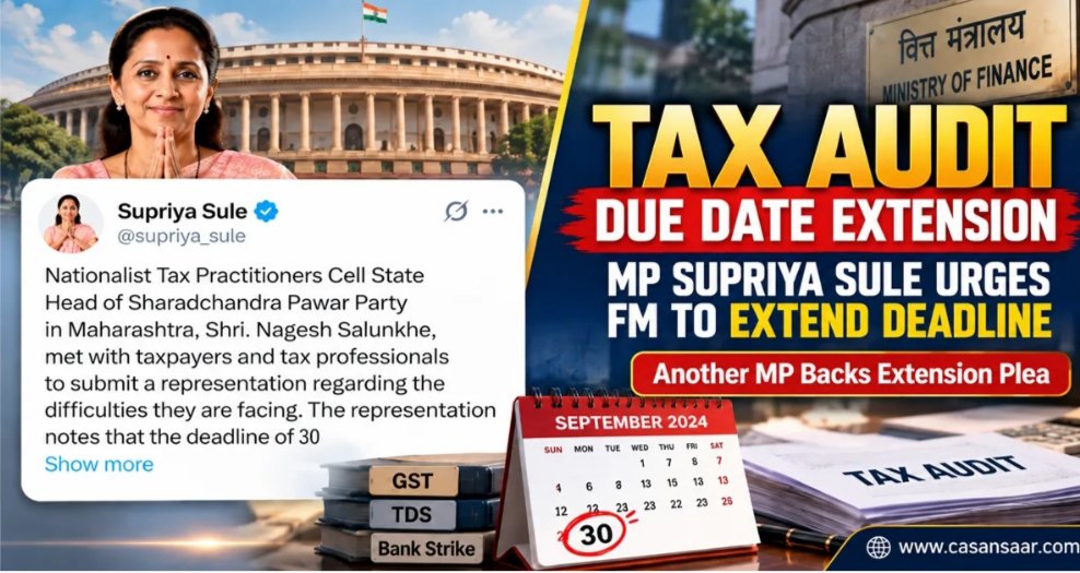 MohitVe79690822's tweet photo. NCP (SP) MP Supriya Sule has urged Finance Minister Nirmala Sitharaman to extend the due date for filing Tax Audit Reports for AY 26-27, along with the related ITR deadline in audit cases. In her representation she highlighted practical difficulties faced by #TaxProfessionals https://t.co/hSMMhaZkYd