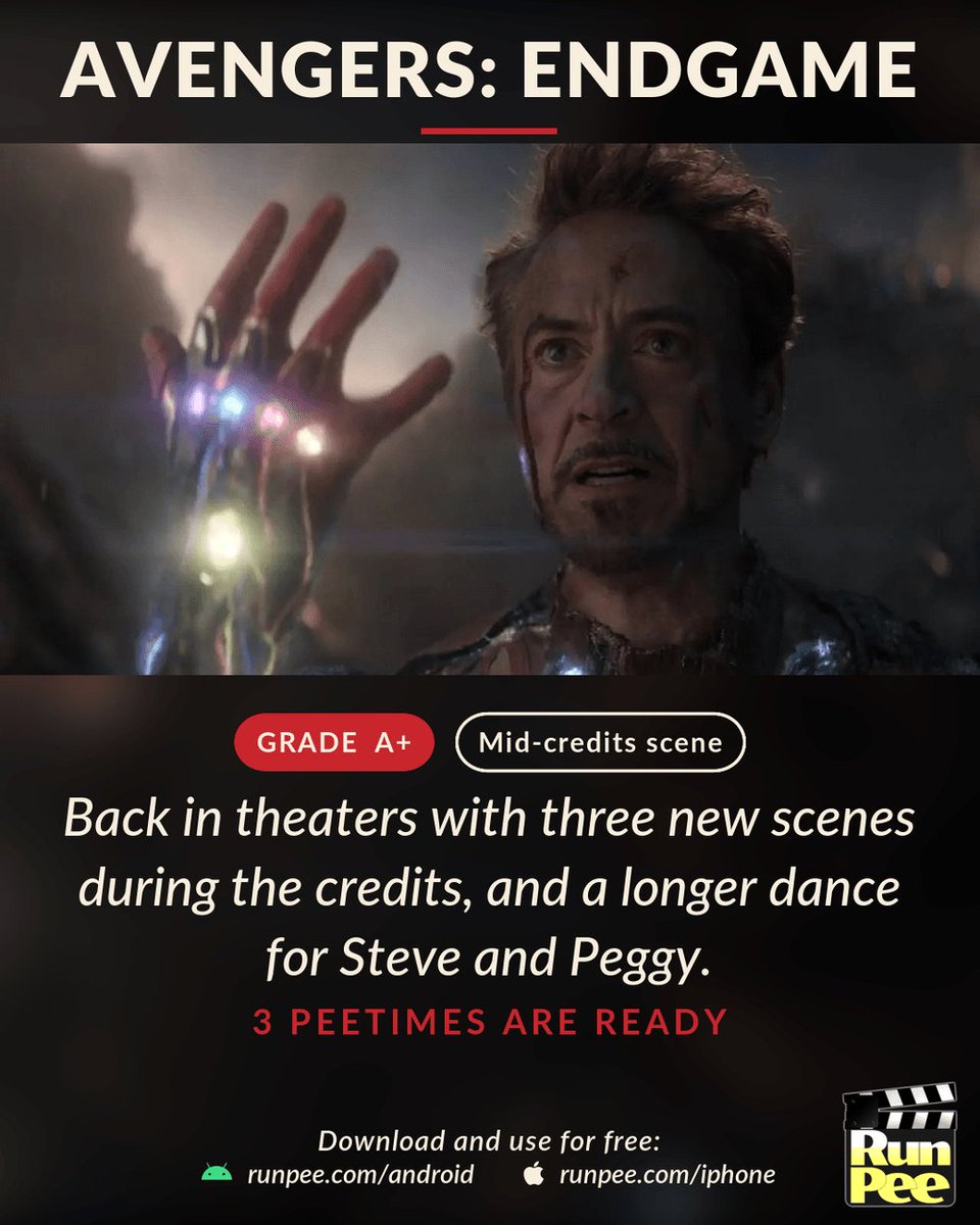 RunPee's tweet photo. Avengers: Endgame is back in theaters. The Encore adds three new scenes during the end credits, plus a longer dance for Steve and Peggy.

Stay through the credits this time. 3 Peetimes are ready for all 3 hours.

https://t.co/Wancu4zmbE https://t.co/INTnfJuDjm