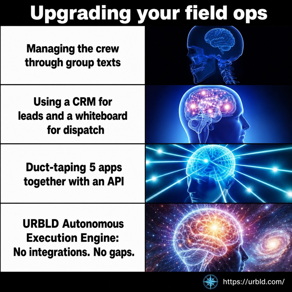 URBLDllc's tweet photo. Duct-taping 5 apps together with an API isn't a flex, it's an operational liability.

URBLD's Autonomous Execution Engine replaces the group texts, the whiteboards, and the broken integrations.

No integrations. No gaps. Just jobs getting done.

#FieldOps https://t.co/AdoRNgqaro