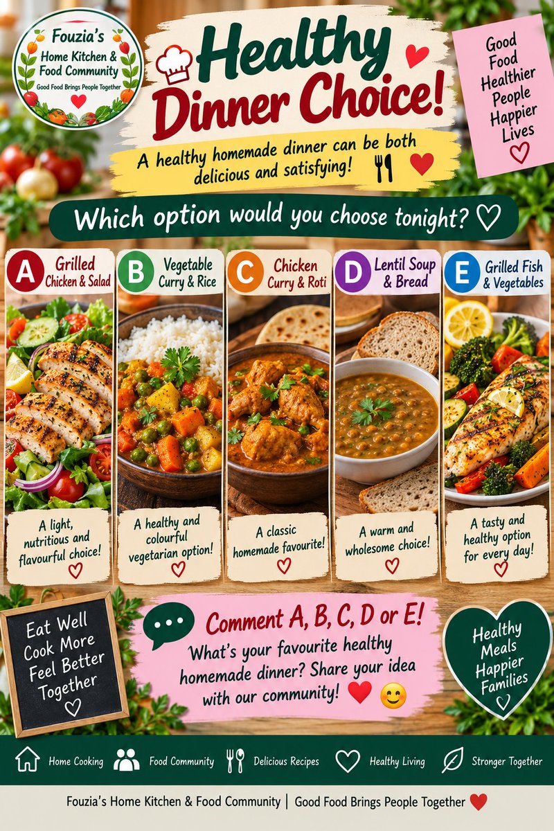FouziaKitchen_9's tweet photo. 🥦🍗 When planning a healthy dinner, what matters most to you—more vegetables, lean protein, fewer processed ingredients, or balanced portions?
 
#HealthyFood #HealthyDinner #HomeCooking #FoodCommunity #TorontoFood https://t.co/sCkUv0mpNb