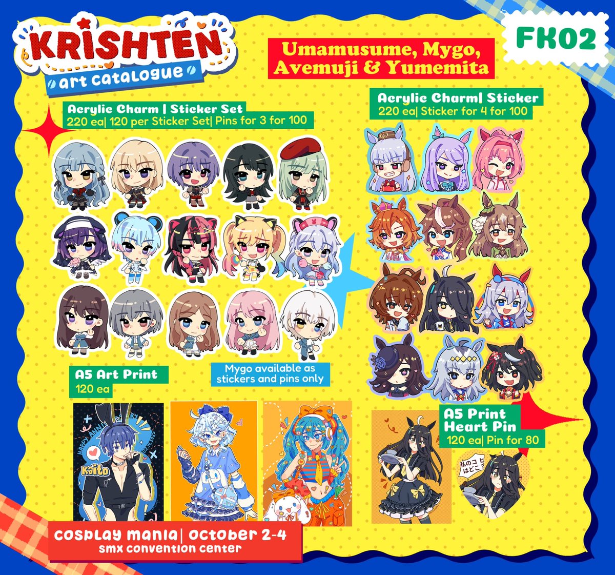 krishtenj_'s tweet photo. [💛RTs]  

Here's our catalog this coming Cosmania! I'll be at FK02 with @biancalattei🫶 

🍰Project Sekai, CPK, Sonic, Umamusume

1/2

#CosplayMania2026 #FanFairAtCosplayMania2026 https://t.co/2fVk7Na6rv