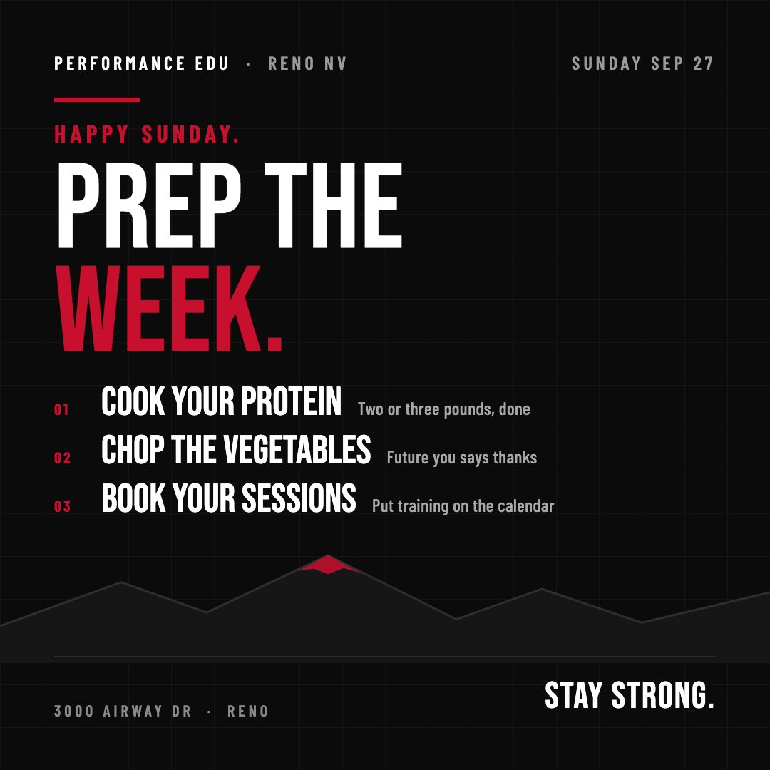 edurenofitness's tweet photo. Happy Sunday. Cook your protein, chop the veggies, book your sessions. An hour today saves ten bad decisions on Wednesday. Stay Strong. #Reno #PerformanceEDU https://t.co/0W7FYfrjxi