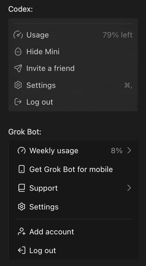 tech's tweet photo. Codex measures the remaining
Grok measures the used

Same quota, opposite math. Why are we like this 😅 https://t.co/OPydckOA4V