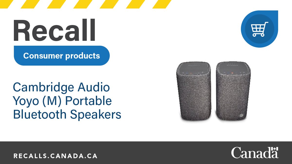 GovCanHealth's tweet photo. #Recall: Do you own Cambridge Audio Yoyo (M) Portable Bluetooth Speakers? The lithium-ion batteries in the speakers can overheat, posing a fire hazard. Stop use immediately and contact Cambridge Audio. Learn more: https://t.co/6kkm58dz9Y https://t.co/0R35GUNBYs