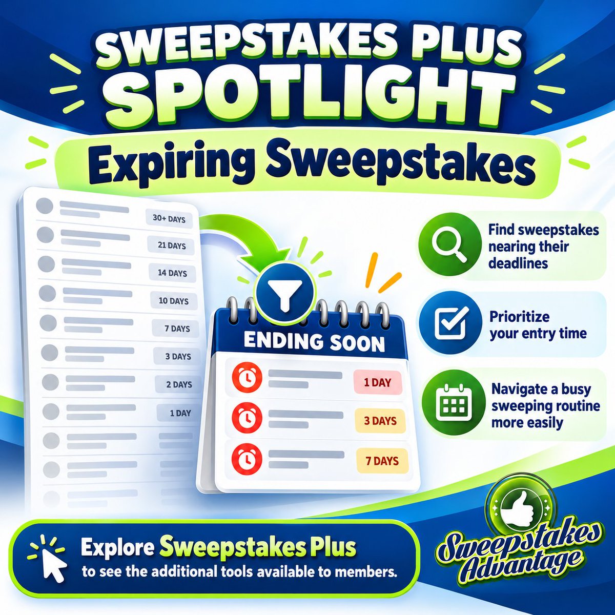 SweepsAdvantage's tweet photo. Want an easier way to spot sweepstakes that are ending soon? ⏰
Sweepstakes Plus includes Expiring Sweepstakes tools to help you find approaching deadlines and decide what to prioritize in your routine.

Explore Sweepstakes Plus to see the additional tools available to members.
https://t.co/V7yfIP4mDv