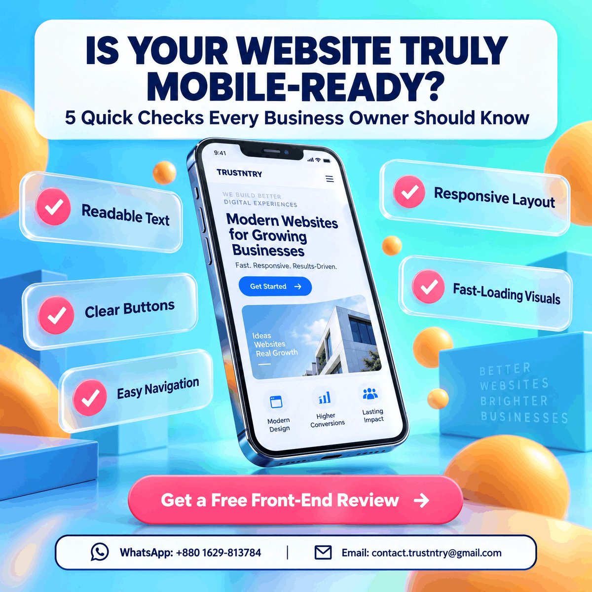 trustntryagency's tweet photo. Is your website truly mobile-ready? Check these 5 things: readable text, responsive layout, clear buttons, fast visuals, easy navigation. Free front-end review → contact.trustntry@gmail.com
#trustNtry #ResponsiveWebDesign #FrontEndDevelopment https://t.co/3d5kog955z