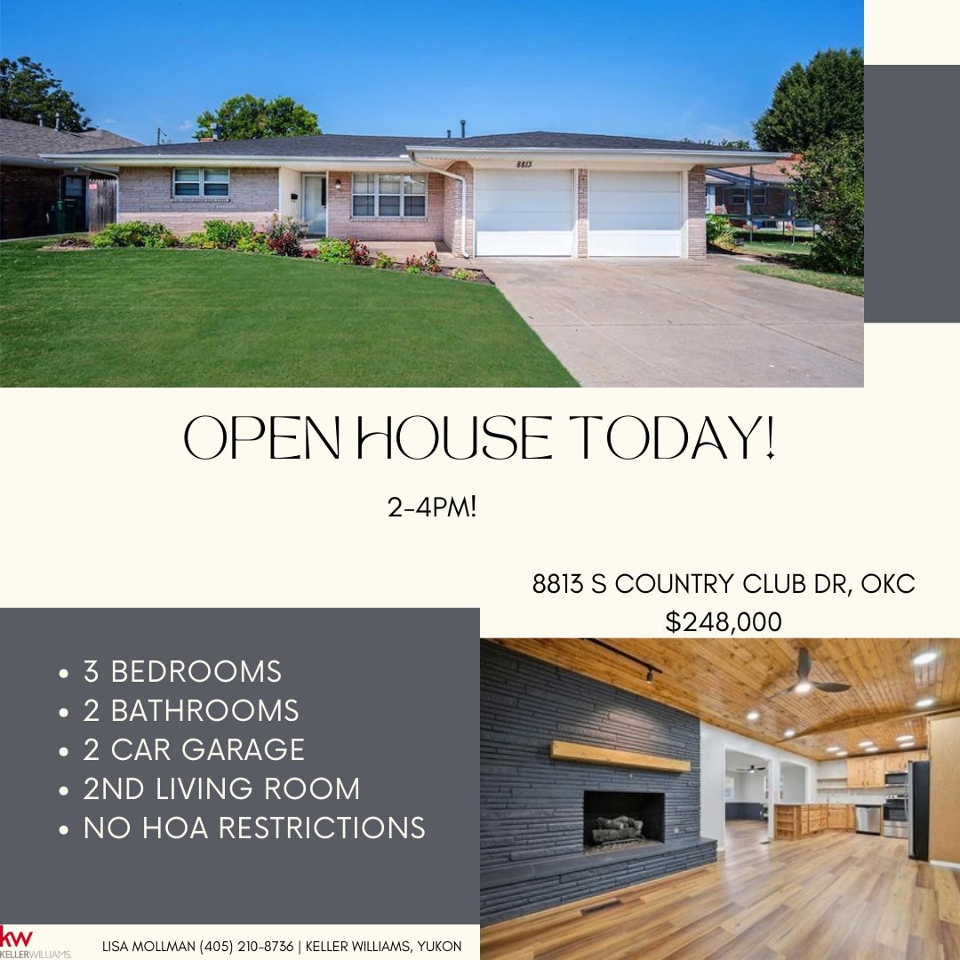 OKCHomesByLisa's tweet photo. Open House Today 2-4pm!
$248,000
8813 S Country Club Dr, OKC
3bd/2bath/1677Sqft
. Call me today for a private showing- Lisa Mollman (405) 210-8736 | Keller Williams, Yukon https://t.co/KAd0dffkqU