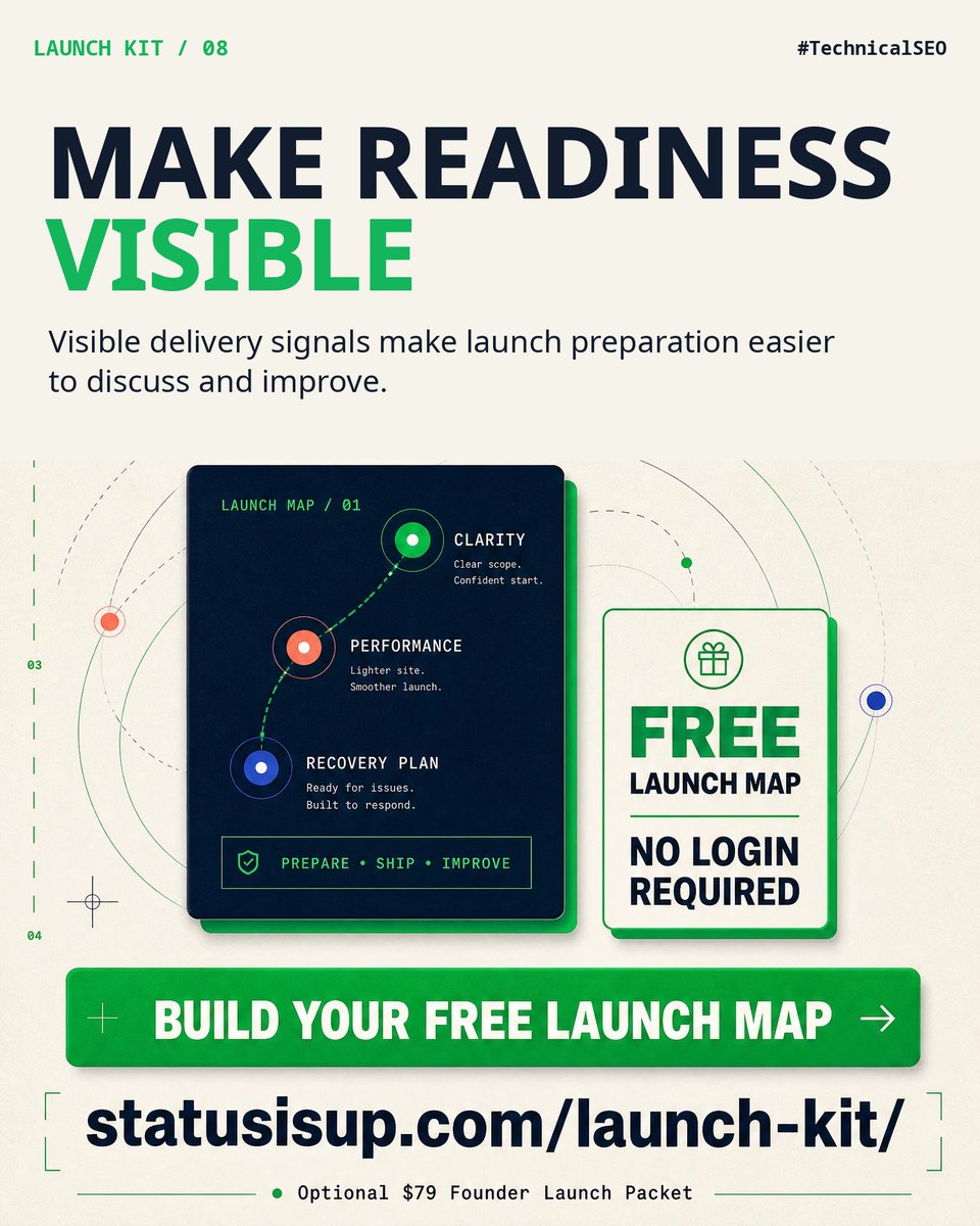 statusisdown's tweet photo. Before the outage alert comes the launch decision. Visible delivery signals make launch preparation easier to discuss and improve. Preview the free Launch Map: https://t.co/ABioaZF1YL #TechnicalSEO #WebPerformance https://t.co/8bKp06azxb