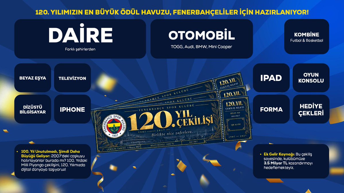 Fenerbahce's tweet photo. Yönetim Kurulu Üyemiz Fatih Aslan: “120. yılımıza özel hayata geçirdiğimiz 120. Yıl Çekilişi ile Fenerbahçemizin geleceğine yeni bir kaynak yaratmayı hedefliyoruz. 

Tüm üyelerimizi ve taraftarlarımızı bu projeye katılmaya, tribündeki gücümüzü geleceğimize taşımaya davet ediyoruz.”