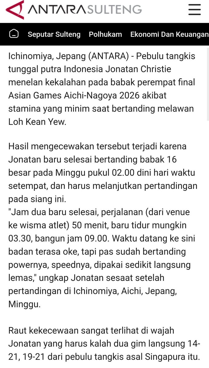 ainurohman's tweet photo. Jonatan Christie: 

*Jam 02.00 dini hari baru selesai tanding dlm 2 pertandingan. 
*Perjalanan ke wisma atlet 50 menit. 
*Baru tidur pukul 03.30.
*Bangun 09.00 dan siap2 tanding lagi. 

OCA, panitia lokal Jepang, Badminton Asia, dan BWF ini bukan cuma amatir dan pekok, tapi sakit jiwa krn membahayakan kesehatan atlet.