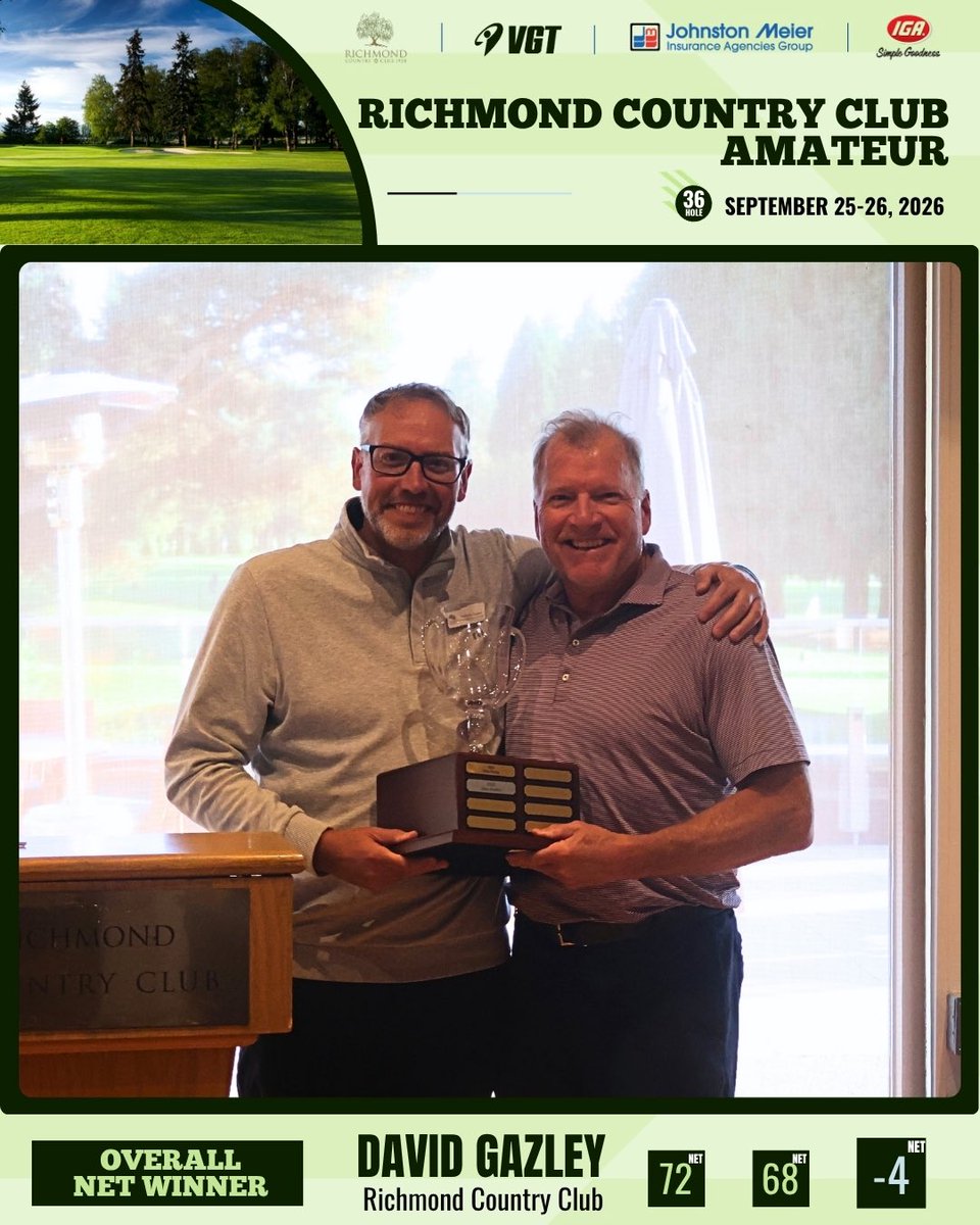 VanGolfTour's tweet photo. 🏆 Colin Gilliam (+3) wins Overall Gross and David Gazley (-4 net) takes Overall Net at the 2026 RCC Amateur! Thanks Richmond CC for hosting, our Season Title Sponsor Johnston Meier Insurance and Tour Presenting Sponsor IGA Stores of BC for 20 years of support. #VGT https://t.co/pgUHABLKfu