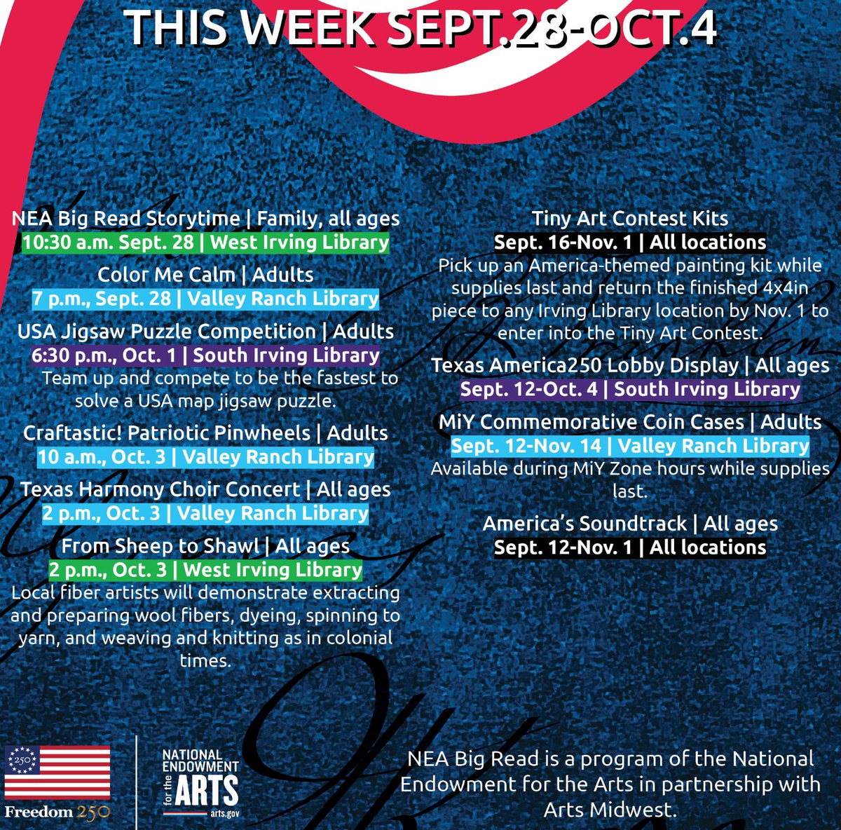 irvinglibrary's tweet photo. Check out the Washing-ton of fun going on with Big Read events this week! 

You'll have the chance to participate in puzzle competition, listen to a beautiful choir concert or learn how wool becomes yarn. https://t.co/8Uk1T2JMN0