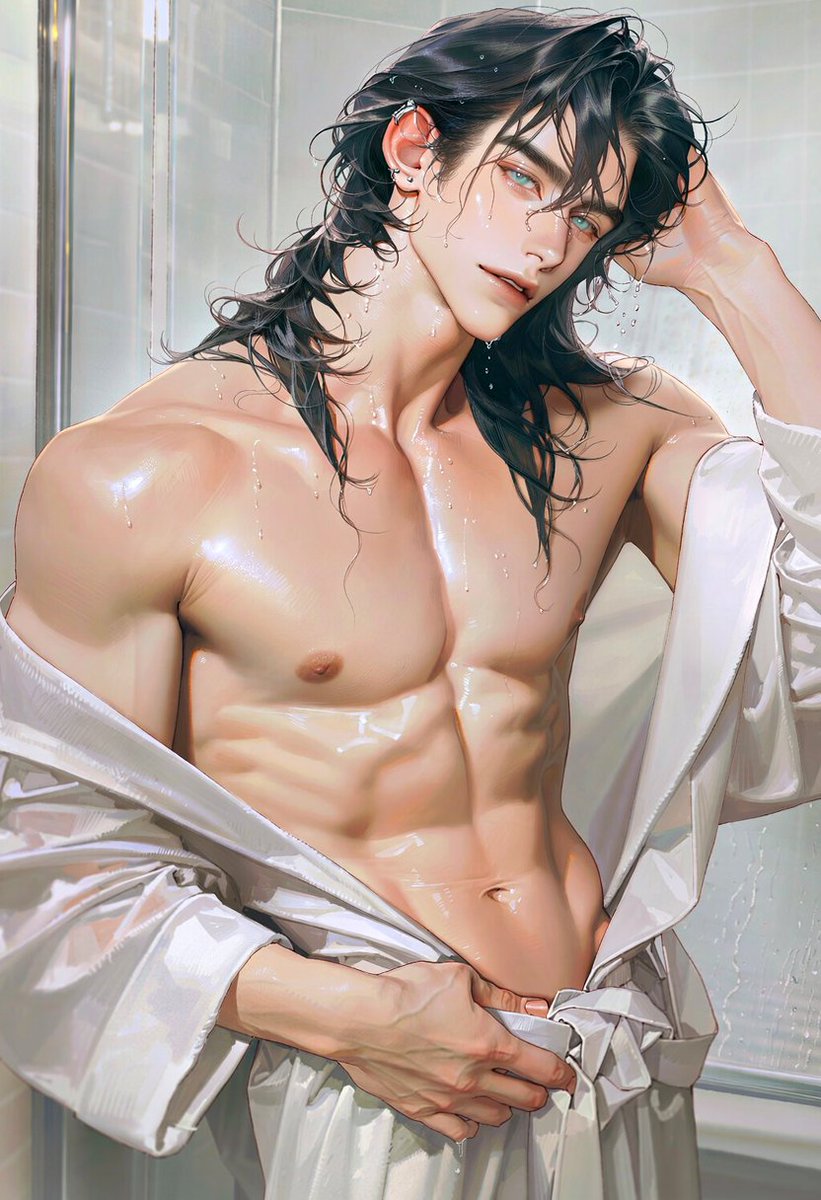Un_jin_OAOa's tweet photo. 같이 샤워하자 Prompt

- 이 전 계정에서 8월 9일 제작된 프롬프트 입니다.

defined chest, defined abs, strong arms, narrow waist, wet hair, damp messy hair, shirtless, 1.5::bathrobe completely slipped off the upper body::, bathrobe gathered and tied loosely around the waist only, bare shoulders, exposed chest and abdomen, robe sleeves hanging down around the hips, wet fabric, low waist,

water droplets falling from his hair, water running down his neck, shoulders, chest and abdomen, wet skin, droplets along collarbones, damp eyelashes, slightly parted lips, half-lidded eyes, relaxed seductive expression,

upper body focus, standing beside a bathroom mirror, one hand pushing wet hair back, other hand loosely adjusting the robe knot at his waist, steamy modern bathroom, fogged glass, shower behind him, soft diffused bathroom light, mature sensual atmosphere, fashion editorial