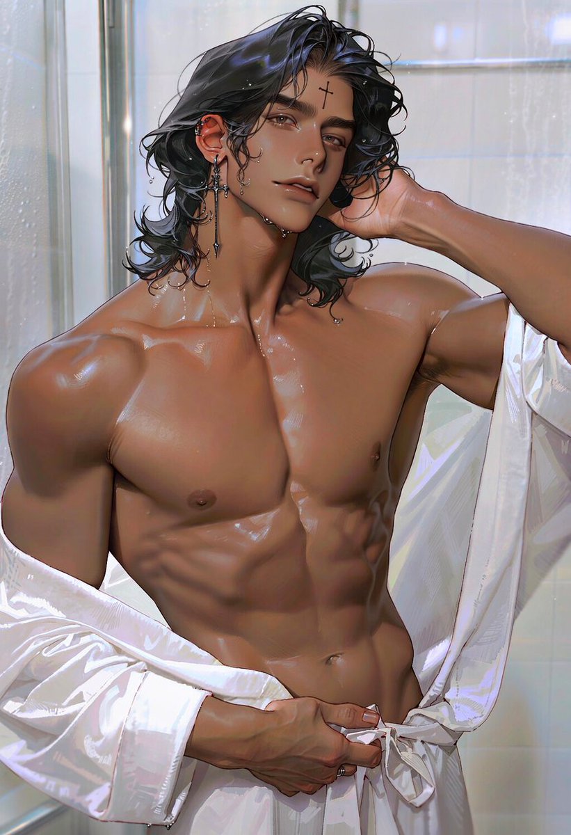 Un_jin_OAOa's tweet photo. 같이 샤워하자 Prompt

- 이 전 계정에서 8월 9일 제작된 프롬프트 입니다.

defined chest, defined abs, strong arms, narrow waist, wet hair, damp messy hair, shirtless, 1.5::bathrobe completely slipped off the upper body::, bathrobe gathered and tied loosely around the waist only, bare shoulders, exposed chest and abdomen, robe sleeves hanging down around the hips, wet fabric, low waist,

water droplets falling from his hair, water running down his neck, shoulders, chest and abdomen, wet skin, droplets along collarbones, damp eyelashes, slightly parted lips, half-lidded eyes, relaxed seductive expression,

upper body focus, standing beside a bathroom mirror, one hand pushing wet hair back, other hand loosely adjusting the robe knot at his waist, steamy modern bathroom, fogged glass, shower behind him, soft diffused bathroom light, mature sensual atmosphere, fashion editorial