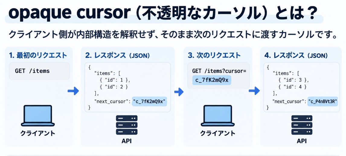 mori_go5's tweet photo. 📝【opaque cursor】（不透明なカーソル）

APIから受け取ったcursorの中身を解釈せず、そのまま次のリクエストへ渡す。
クライアントが内部構造に依存しなくて済むのがメリット。 https://t.co/9wo34ly0x5