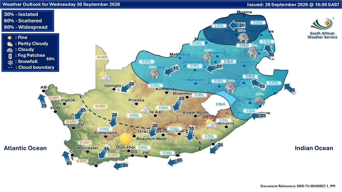 SAWeatherServic's tweet photo. Weather outlook for Tuesday &amp; Wednesday: 29-30 September 2026.
Partly cloudy &amp; cool conditions are expected, but it will be warm in places over the western interior, with isolated to scattered showers &amp; thunderstorms possible over the central &amp; eastern parts of the RSA. 
#saws https://t.co/CH2hWiA0Lb