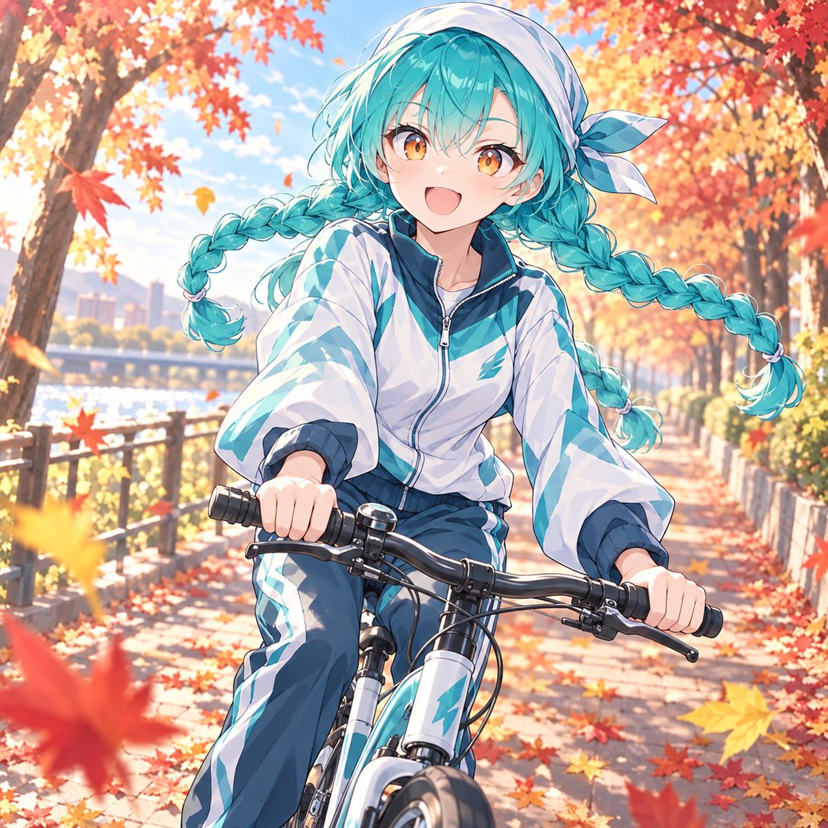 chrysant_assets's tweet photo. おはよー！！🚲
紅葉の中を走るの、気持ちいい〜！

#お仕事募集中 #AIイラスト #イラスト #VTuber素材 #配信素材 #創作 #立ち絵 #AIart #おはようＶTuber #三つ編み https://t.co/acCtyYsNj3