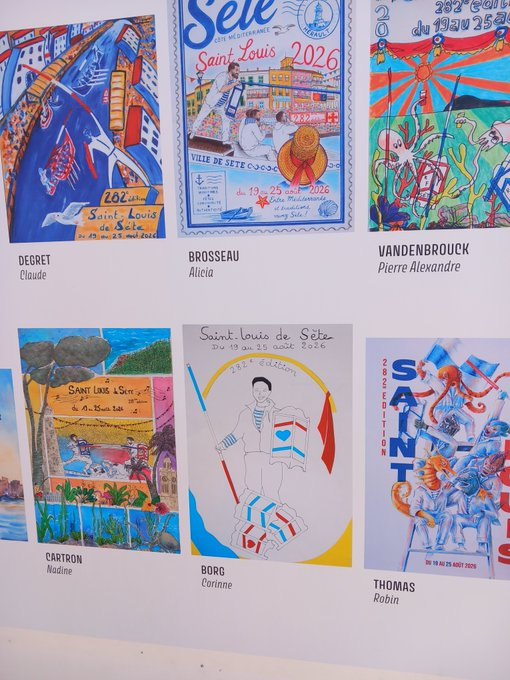 corinneco2's tweet photo. Les affiches concours de la ST LOUIS exposées #Sete avec mon affiche.😊Le jouteur sourire malicieux tenant son pavois avec 1💙- l'endroit qu'il faut ateindre pour gagner. J'ai voulu symboliser l'esprit de partage et de respect des jouteurs, au delà de la compétition.
4 photos📸 https://t.co/obwvAAymhv