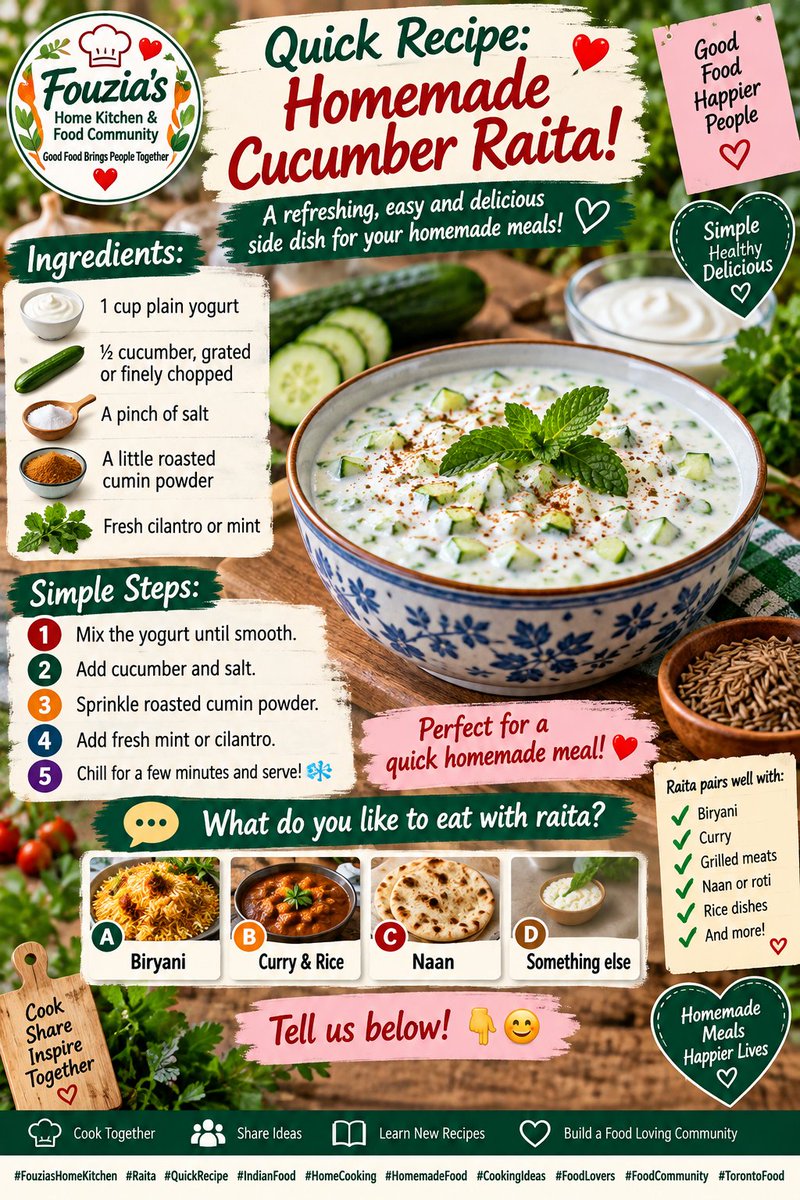 FouziaKitchen_9's tweet photo. 🥒 Cucumber raita is a simple and refreshing addition to many homemade meals. Do you prefer your raita mild and creamy or loaded with herbs and spices?

#HealthyFood #HomeCooking #IndianFood #FoodLovers #TorontoFood https://t.co/wLjUtR0Plu