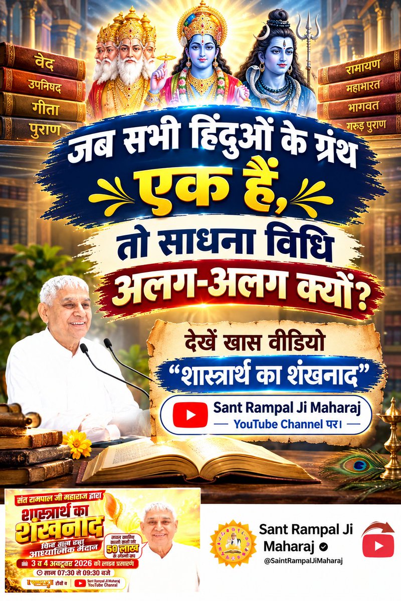 Durgesh61133249's tweet photo. #50लाख_का_इनाम
जब सभी हिंदुओं के ग्रंथ एक हैं, तो साधना विधि अलग-अलग क्यों?
देखें खास वीडियो "शास्त्रार्थ का शंखनाद" Sant Rampal Ji Maharaj YouTube Channel पर।

Challenge By Sant RampalJi https://t.co/HSGaNoRJGV