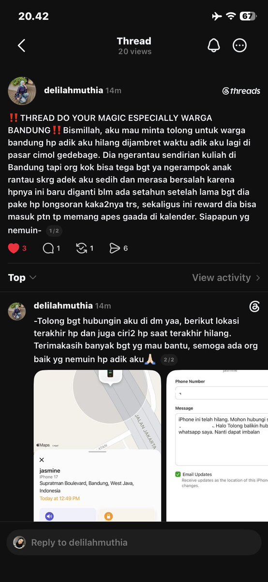 sooncheoliee's tweet photo. [not svt related] 
hi guys, please help rt or share. my sister phone was lost since tadi siang, posisi dia sedang merantau kuliah di jatinangor dan hp nya hilang di daerah bandung. kindly check this thread for more details, thank you 🙏🏻 

#lost #iphone #bandung #help https://t.co/ao9YHBLSc1