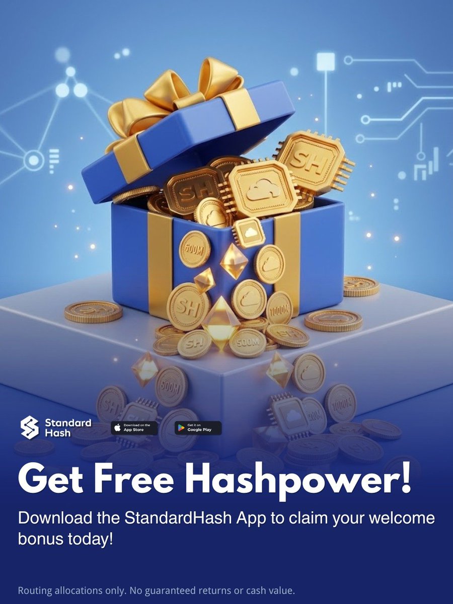 StandardHash's tweet photo. Sign up on the App ➡️ Open Welcome Box ➡️ Get free hashpower! 🎁⚡️

Download the StandardHash App to claim your welcome bonus today 👇

App Store: https://t.co/FeCTAIamQg

Google Play: https://t.co/qIoLPDFDpH

(Hashpower rewards represent routing allocations with no guaranteed returns or cash value.)