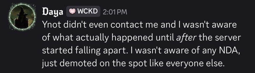 Mighty_pupone's tweet photo. (4)

Alright SO i contacted another ex-mod and they also got demoted without warning and didnt know about the NDA’s and wasnt aware until after the server started falling apart https://t.co/5YKgCer4yE