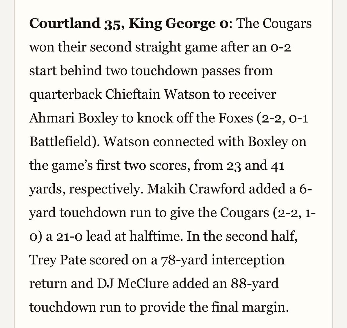 trey_pate4's tweet photo. Blessed to have my name put in the news paper after a 78-yard pick-six!!!
W vs King George HS 35-0 https://t.co/HqUsEy20A3