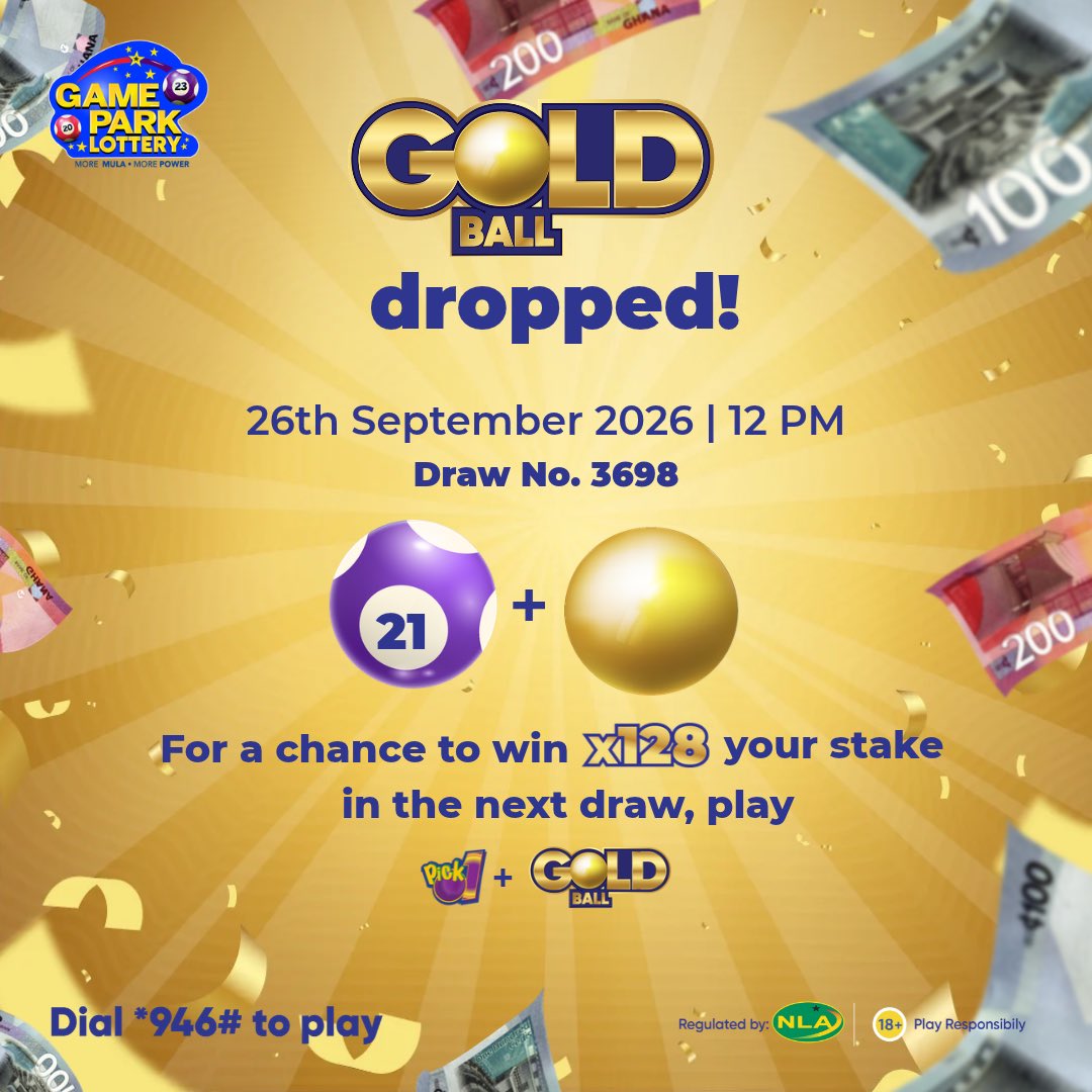 GamePark_GH's tweet photo. GOLD BALL DROPPED Twice yesterday!
Play Pick 1 + GOLD BALL in the next draw for a chance to win x128 your stake!

📲 Dial *946# to enter now!

#GameParkLottery #GoldBall #Pick1 #WinBig https://t.co/v7lGvICbr4