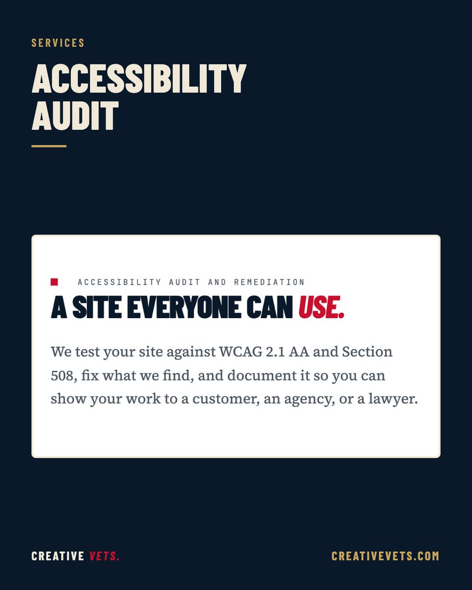 CreativeVets's tweet photo. WebAIM found detectable accessibility failures on 95.9% of the top million home pages this year, and low contrast text on 83.9%. Our audit checks your site against WCAG 2.1 AA and Section 508, and we fix what we find. From $950. https://t.co/4SuAi37wKP https://t.co/W0W8v69pAv