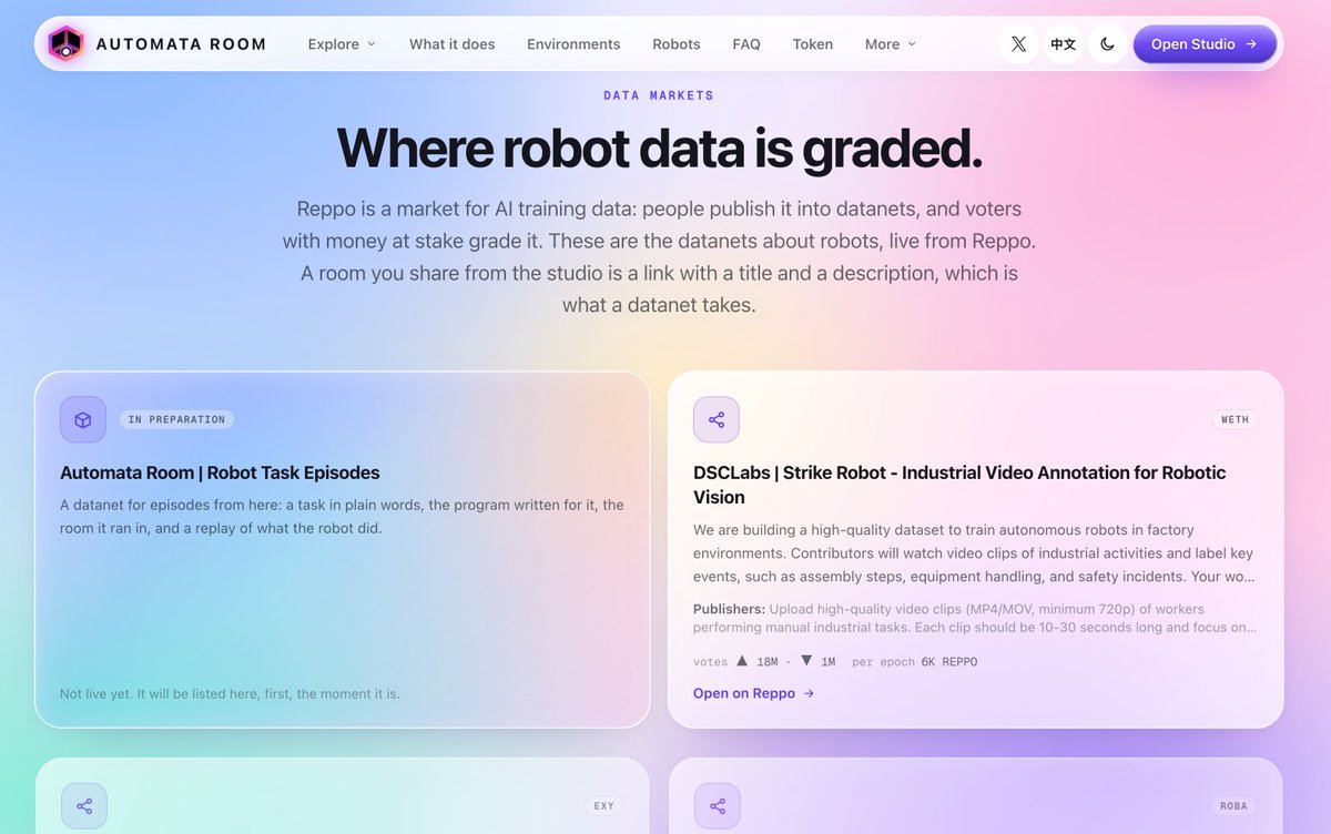 automataroom's tweet photo. Robot data markets are coming to Automata Room. 🤖

We’re getting our datanets ready on Reppo, alongside projects like @StrikeRobot_ai  building high quality datasets for robotic vision and industrial environments.

Soon, we’ll publish our own Automata Room datanet focused on robot task episodes, environments, programs, and replays generated through our Studio.

From simulation → data → evaluation → training.

The robot data layer is just getting started.

@reppo  @StrikeRobot_ai