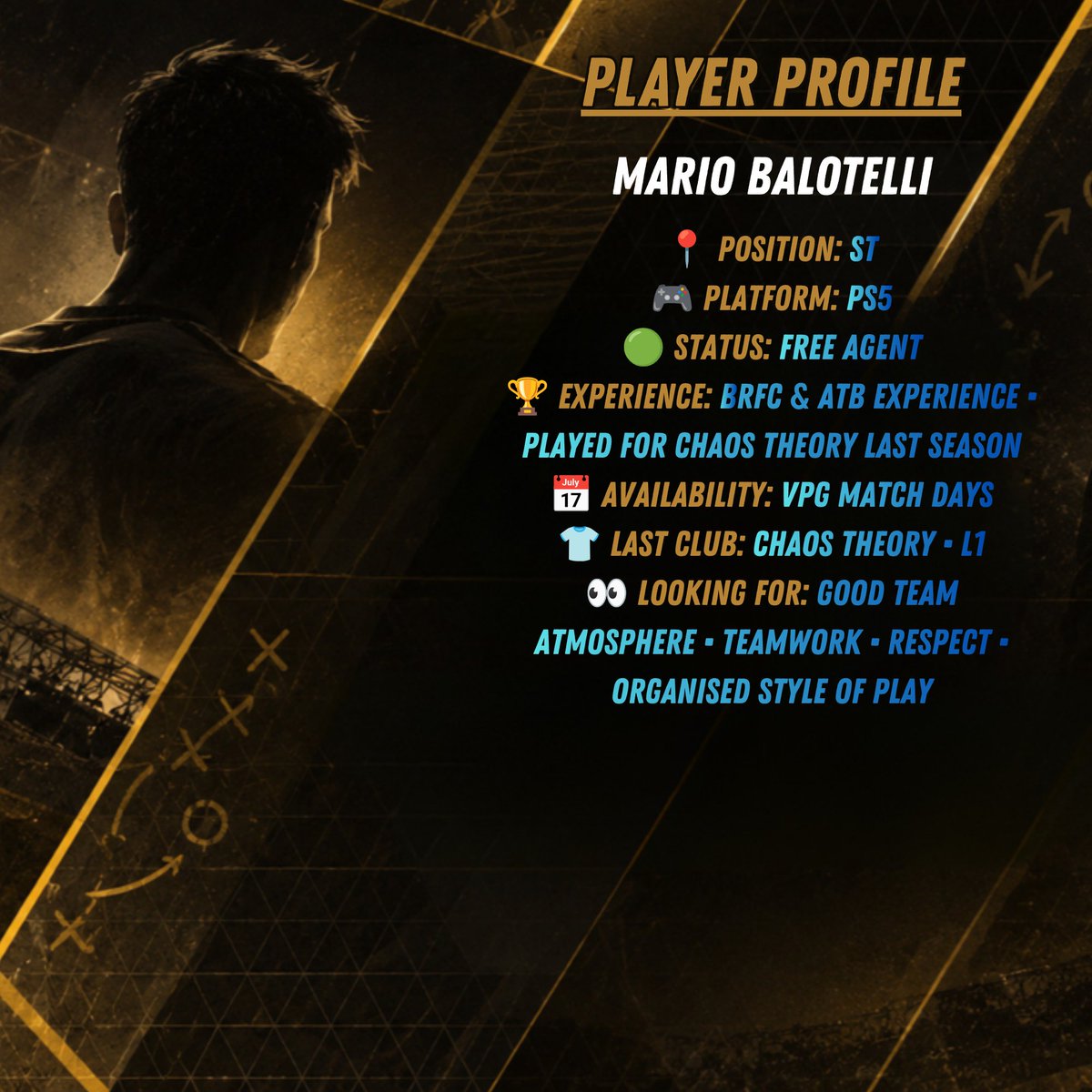 VPGAgency's tweet photo. 🚨 FREE AGENT — MARIO BALOTELLI

⚽ ST  
🎮 PS5
🏆 BRFC &amp; ATB Experience
👕 Formerly Chaos Theory
🟢 FREE AGENT

Looking for a club with teamwork, respect and an organised style of play.

Interested? Contact VPG Agency 🤝

Join the VPG Agency Discord: https://t.co/H8KYzkKMzR https://t.co/oxHNTKqljW