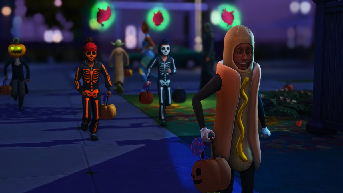 Tinycoffeecups1's tweet photo. Okay I've been testing a trick or treat event and i think i got it going. Kids running around visiting different homes and collecting candy. The Halloween streets aren't so bare anymore. So far you can invite up to 30 kids to trick or treat on your street. 🎃 #TheSims4 https://t.co/V2E6kW24ax