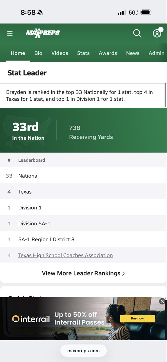 braydencombs09's tweet photo. 🚨 MAXPREPS NATIONAL STAT LEADER 🚨

Through 5 games:
53 REC | 738 YDS | 12 TDs 🔥

📈 #33 in the NATION – Receiving Yards
⭐ #4 in TEXAS
🥇 #1 in Division 5A-1
🥇 #1 in District 3

6’3” | 185 | WR | 2027
Azle HS (TX)

Keep stacking. The work is showing. 💯

@Coach_Rigg @ZachRoss55 @mattdwalter
@JClarkHFB247 @CoachC_Osunde
@CoachJ_O @foster_sawyer @Vines0617
@CoachBradshaw06 @CoachSelf24
@5StarFBRecruits @coach_hadac
@beyondourbest @Josh_Boyce  @PatrickBowes32 @PrepRedzoneTX @D1RecruitNation @dctf @texashsfootball 
@RecruitAzle 

#AGTG #Recruit2027 #WR #TXHSFB #CFBRecruiting #D1Football 

🎥 https://t.co/1Pzp3OSeEq