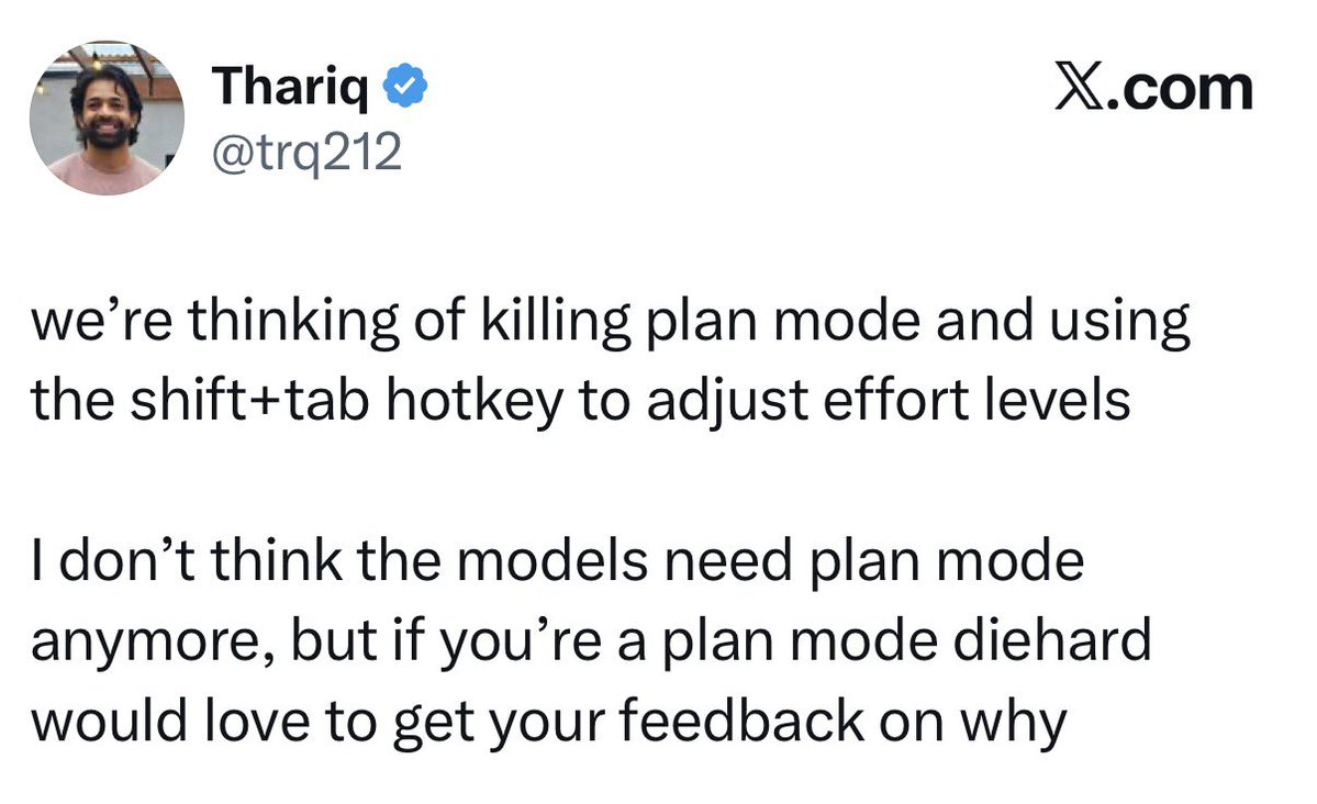 Screenshot of a quoted post suggesting plan mode could be replaced by effort-level controls