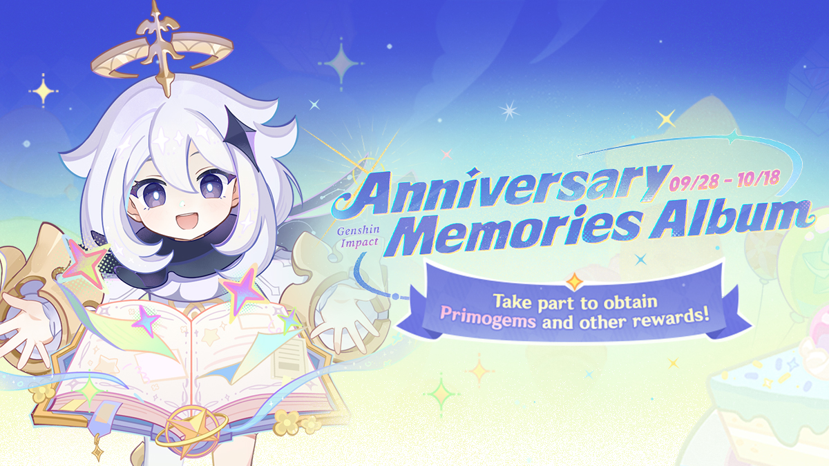 GenshinImpact's tweet photo. "Anniversary Memories Album" Web Event Now Live
#GenshinImpact #AnniversaryMemoriesAlbum 

Dear Traveler, join Paimon and look back on your adventures across Teyvat~
Take part in the event to earn Primogems and other exciting rewards! https://t.co/vIyPke2QJL