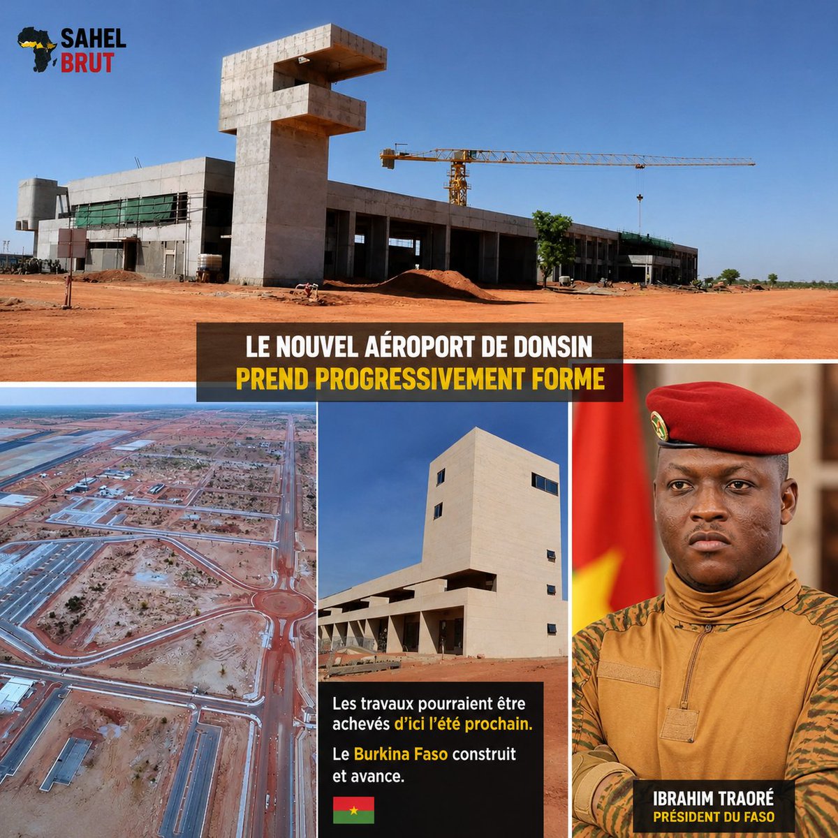 sahelbrut's tweet photo. 🇧🇫 Le nouvel aéroport de Donsin prend forme !

Après plusieurs années de travaux, le projet avance progressivement vers son achèvement, avec une livraison envisagée d’ici l’été prochain.

🇧🇫 Le Burkina Faso poursuit ses grands projets d’infrastructures et avance. https://t.co/71pixoF4lz