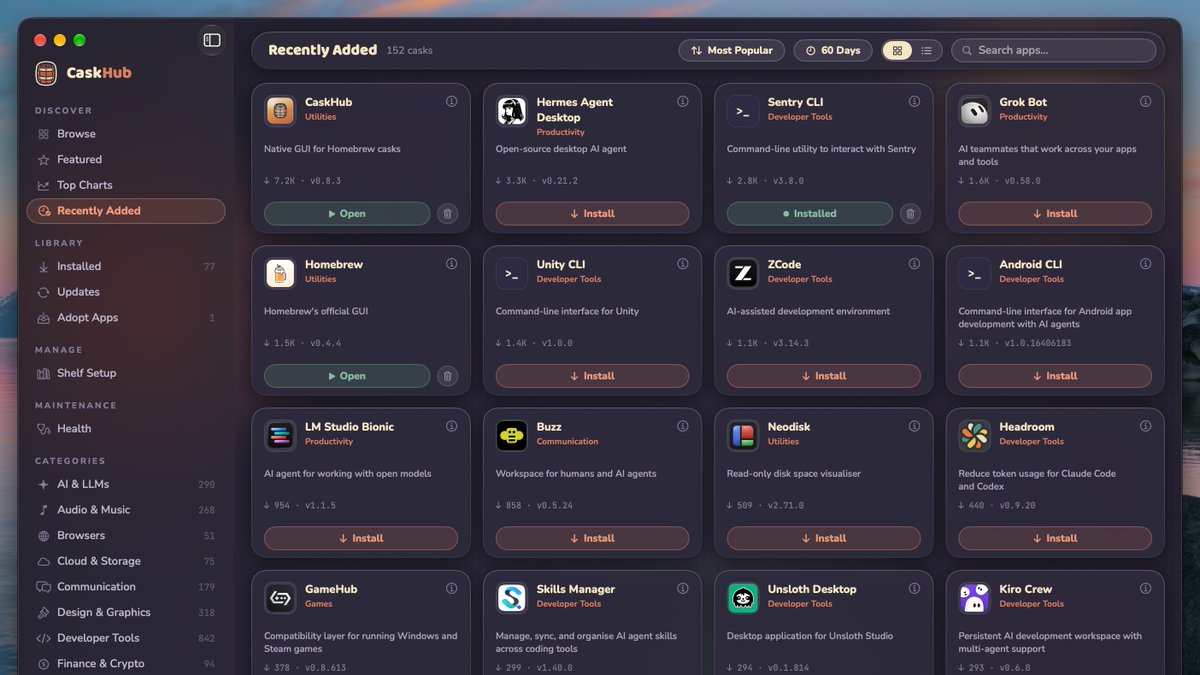 alielsokary's tweet photo. CaskHub is the top-downloaded macOS app on Homebrew in the last 60 days! 😎