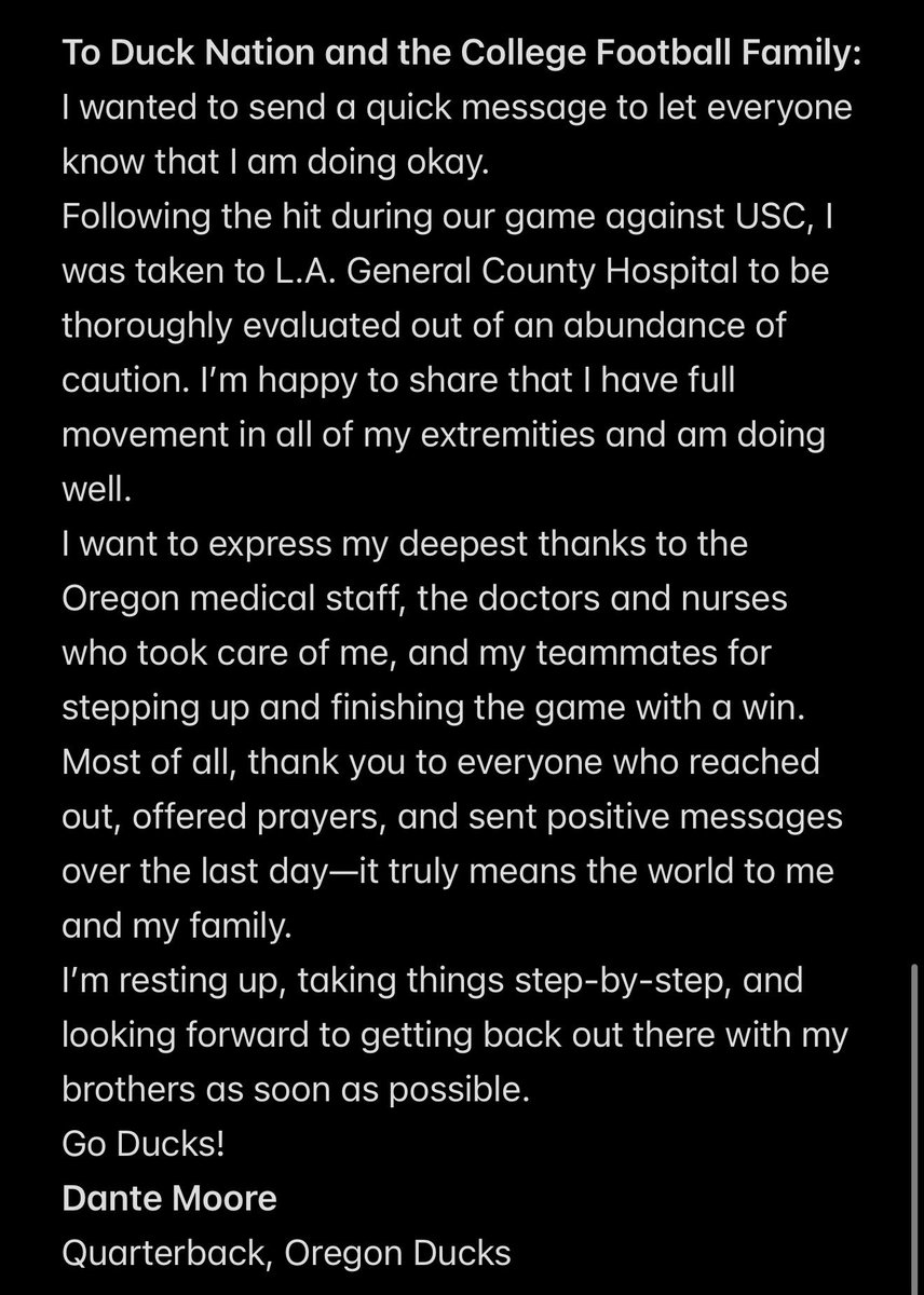 StanRobSports's tweet photo. BREAKING: Oregon QB Dante Moore has released an update on his health following the hit he took in yesterday’s Oregon-USC game. https://t.co/R3ZlJCG2yG
